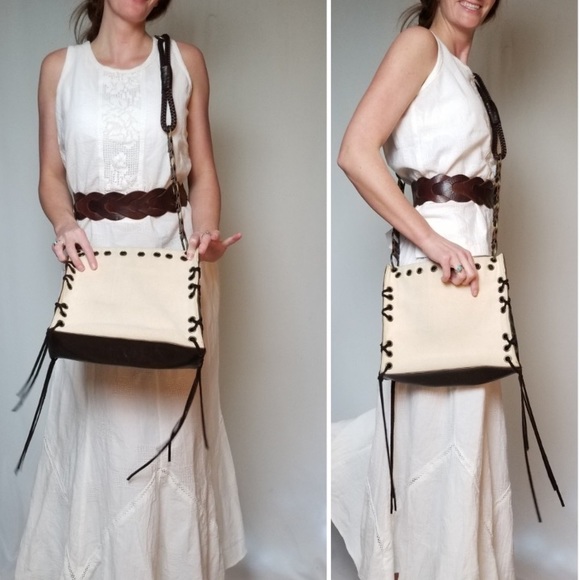 Unsure look for boho Leather canvas braided Crossbody Purse copper rings fringe - Picture 2 of 9